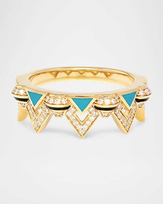 18K Yellow Gold Mosaic Ring with Turquoise HyCeram and Diamonds, Size 7